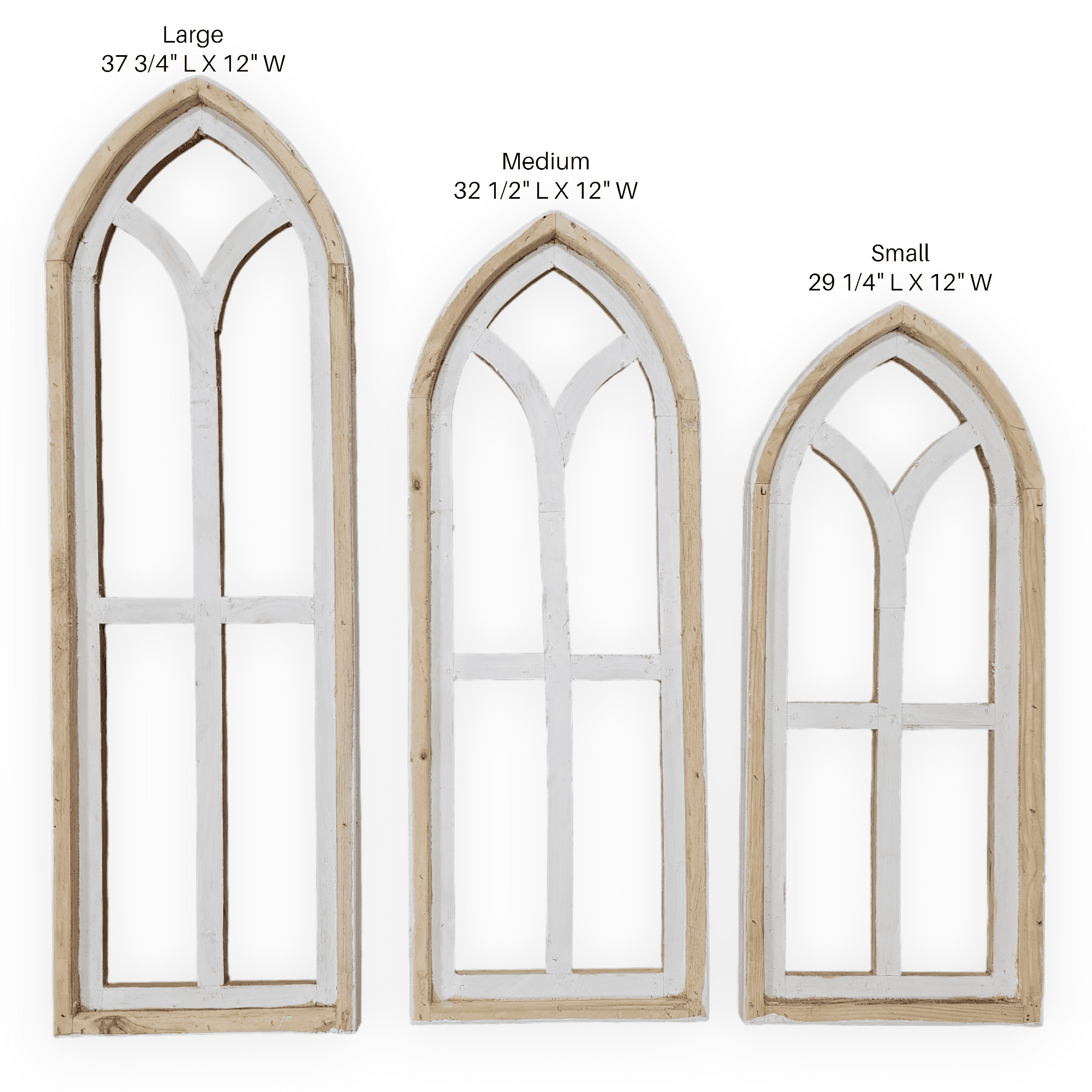 The Ivory Point Farmhouse Wooden Wall Window Arches Set of 2 -3 Sizes - Rustic Cathedral Wood Windows- Ivory Point wall windowsRanch Junkie